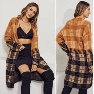 DAVI & DANI | Longline Plaid Cardigan Rust & Black Open Front Cozy Check Sweater